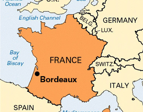 Map of France showing Bordeaux City